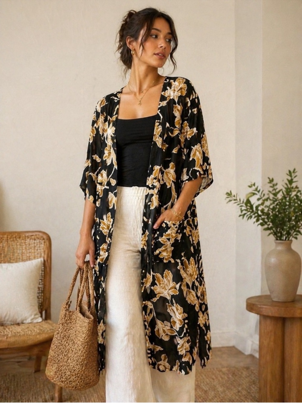 Maison Du Soir Black  luxury Floral Kimono with Beige Blooms